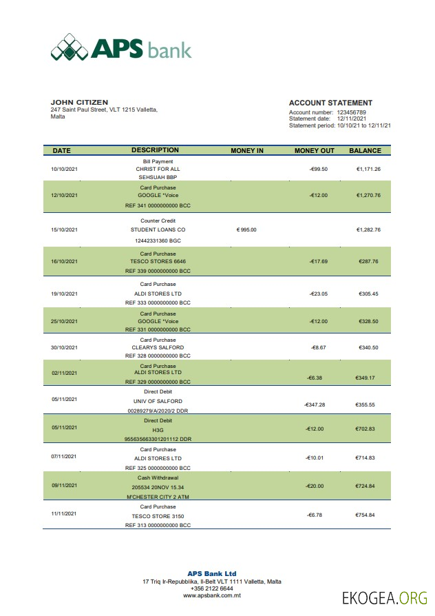 Relevé bancaire APS de Malte